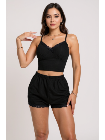 Kadın Siyah Alt ve Üst Dantel Detaylı Fiyonklu Şortlu Gecelik Takımı – Modern, Konforlu ve Günlük Kombinlere Uygun