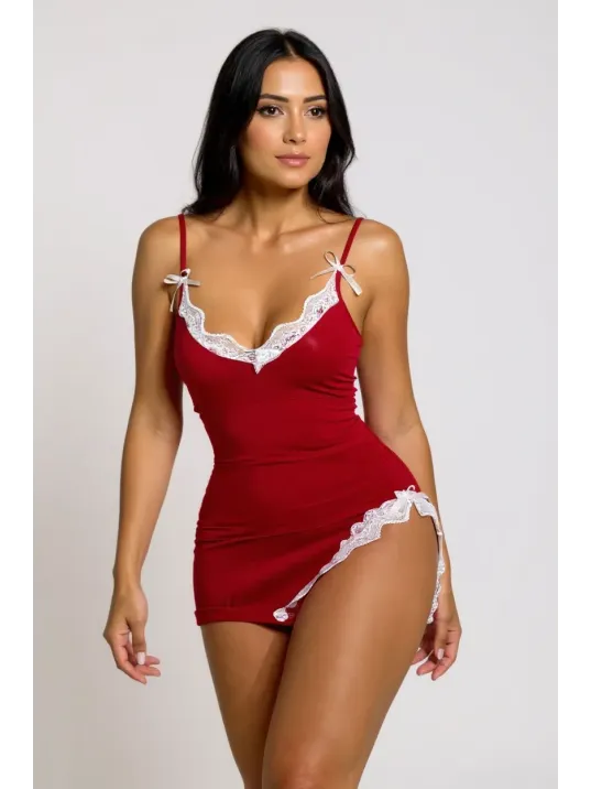 Kadın Kırmızı Bacak Yırtmaçlı Beyaz Dantelli Ve Fiyonklu Şık Gecelik – Modern Ve Şık Tasarım