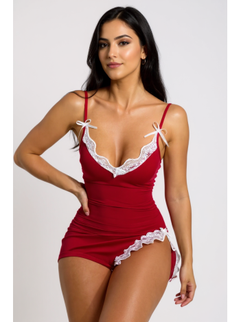 Kadın Kırmızı Bacak Yırtmaçlı Beyaz Dantelli Ve Fiyonklu Şık Gecelik – Modern Ve Şık Tasarım