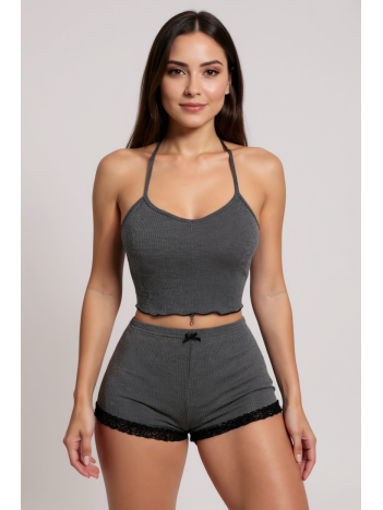 Kadın Gri Kaşkorse Sırt Ve Bacak Kısmı Dantel Detaylı Şortlu Gecelik Takım – Modern, Konforlu Ve Günlük Kombinlere Uygun