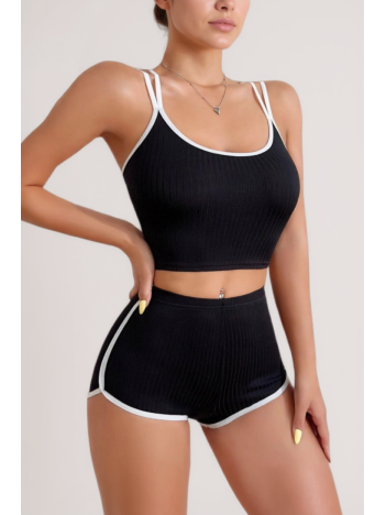 Kadın Siyah Beyaz Çapraz Lastik Detaylı Kaşkorse Şortlu Gecelik Takımı – Modern, Konforlu ve Günlük Kombinlere Uygun