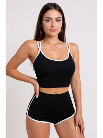 Kadın Siyah Beyaz Çapraz Lastik Detaylı Kaşkorse Şortlu Gecelik Takımı – Modern, Konforlu Ve Günlük Kombinlere Uygun