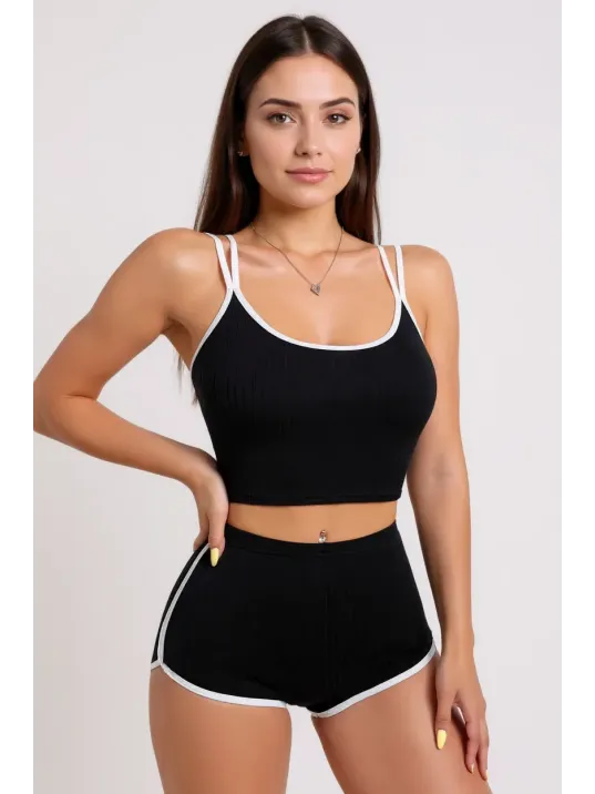 Kadın Siyah Beyaz Çapraz Lastik Detaylı Kaşkorse Şortlu Gecelik Takımı – Modern, Konforlu Ve Günlük Kombinlere Uygun Kadın Siyah Beyaz Çapraz Lastik Detaylı Kaşkorse Şortlu Gecelik Takımı – Modern, Konforlu Ve Günlük Kombinlere Uygun