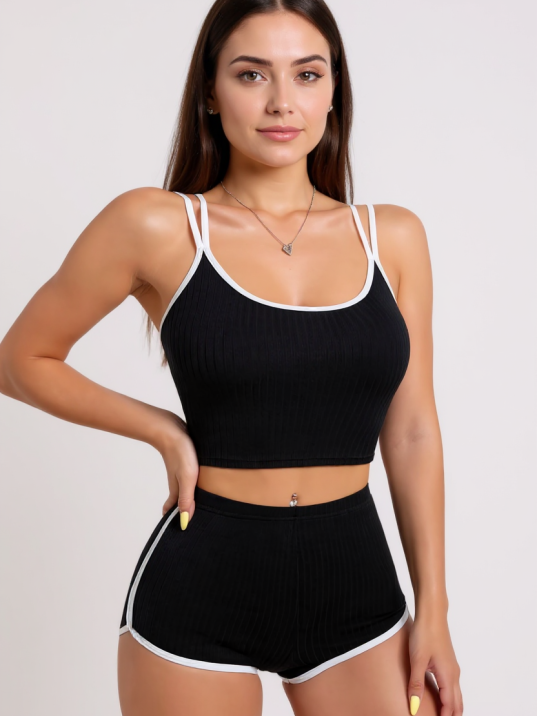 Kadın Siyah Beyaz Çapraz Lastik Detaylı Kaşkorse Şortlu Gecelik Takımı – Modern, Konforlu Ve Günlük Kombinlere Uygun Kadın Siyah Beyaz Çapraz Lastik Detaylı Kaşkorse Şortlu Gecelik Takımı – Modern, Konforlu Ve Günlük Kombinlere Uygun