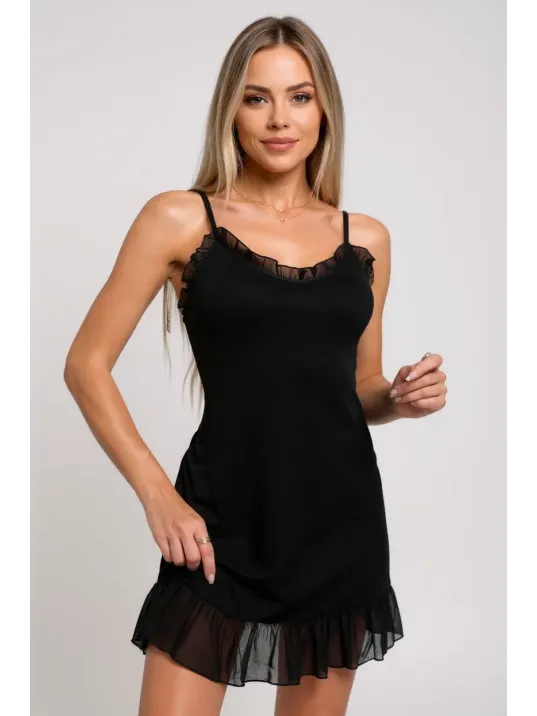 Kadın Siyah Etek Ucu Ve Göğsü Fırfırlı Tül Detaylı Gecelik – Modern Ve Şık Tasarım