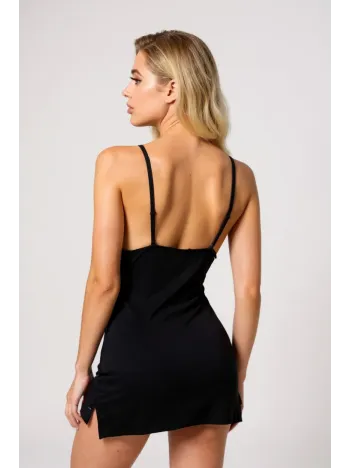 Kadın Siyah Dantelli Göğüs Dekolteli Yırtmaçlı Fiyonklu Gecelik – Modern Ve Şık Tasarım