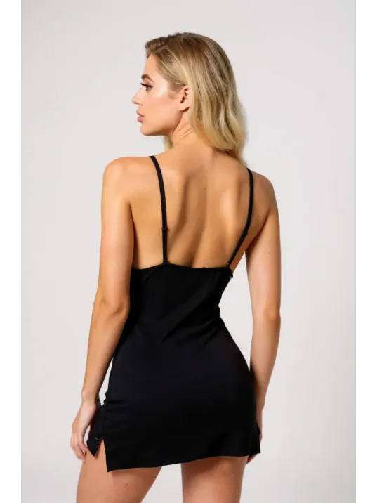 Kadın Siyah Dantelli Göğüs Dekolteli Yırtmaçlı Fiyonklu Gecelik – Modern Ve Şık Tasarım