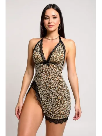 Kadın Leopar Desenli Derin V Yaka Dantel Detaylı Yırtmaçlı Gecelik – Modern Ve Şık Tasarım