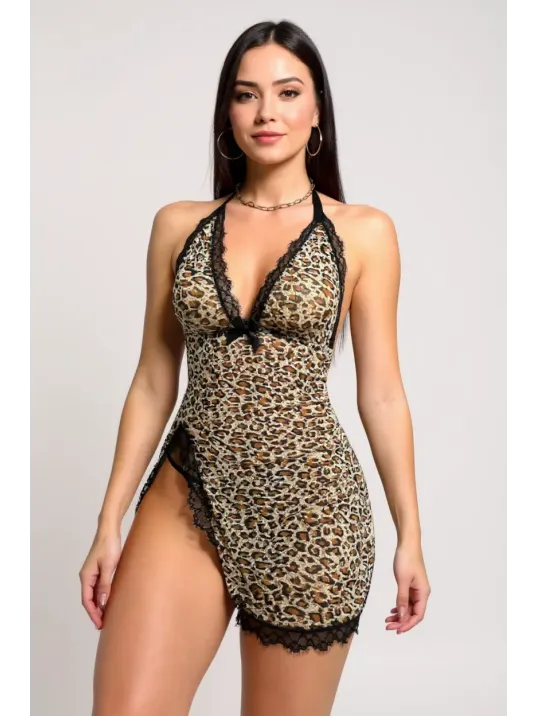 Kadın Leopar Desenli Derin V Yaka Dantel Detaylı Yırtmaçlı Gecelik – Modern Ve Şık Tasarım