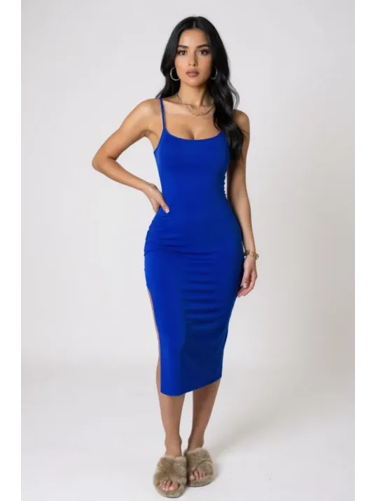 Kadın Mavi Yırtmaçlı Diz Altı Vücüdu Saran Gecelik