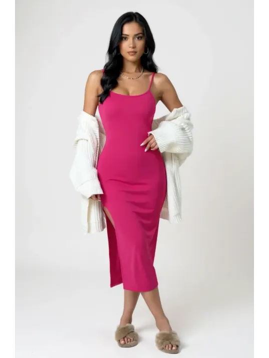 Kadın Fuşya Yırtmaçlı Diz Altı Vücüdu Saran Gecelik