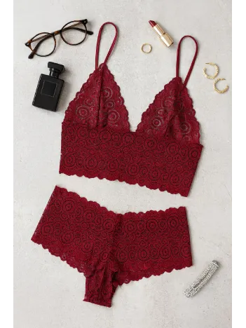 Kadın Bordo Dantel Bralet Şort Takımı – Asil Ve Sofistike İç Giyim