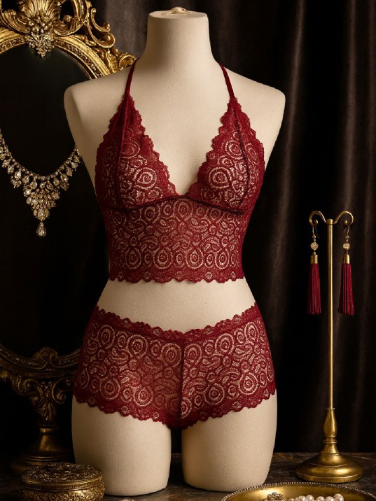 Kadın Bordo Dantel Bralet Şort Takımı – Asil Ve Sofistike İç Giyim
