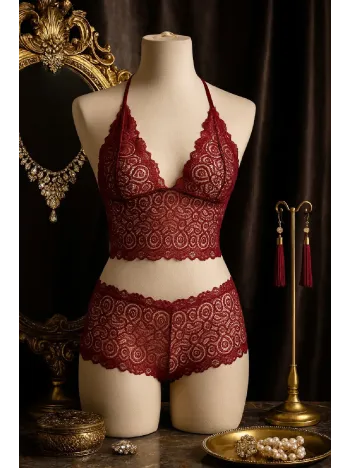 Kadın Bordo Dantel Bralet Şort Takımı – Asil Ve Sofistike İç Giyim