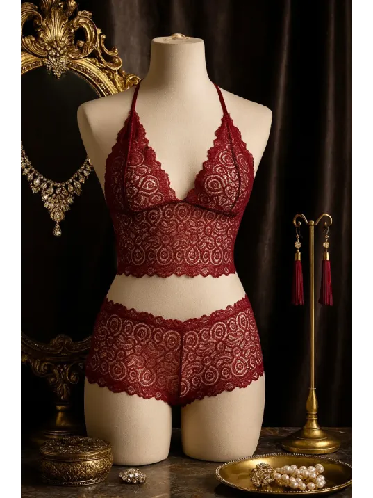 Kadın Bordo Dantel Bralet Şort Takımı – Asil Ve Sofistike İç Giyim