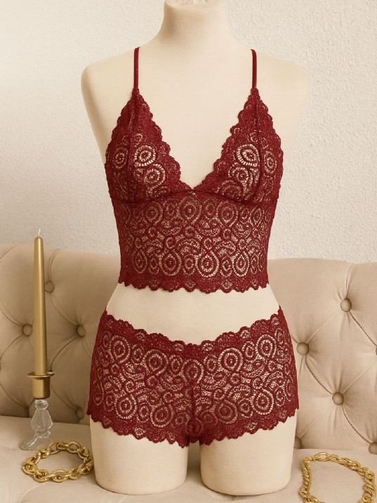 Kadın Bordo Dantel Bralet Şort Takımı – Asil Ve Sofistike İç Giyim
