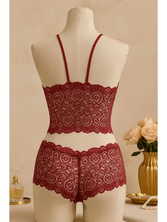 Kadın Bordo Dantel Bralet Şort Takımı – Asil Ve Sofistike İç Giyim