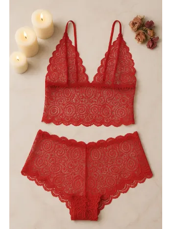 Kadın Kırmızı Dantel Bralet Şort Takımı – Tutkulu Ve Çekici İç Giyim