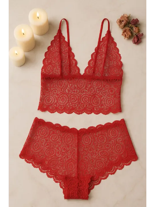 Kadın Kırmızı Dantel Bralet Şort Takımı – Tutkulu Ve Çekici İç Giyim