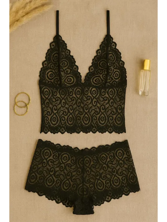 Kadın Siyah Dantel Bralet Şort Takımı – Şık, Zarif Ve Feminen İç Giyim