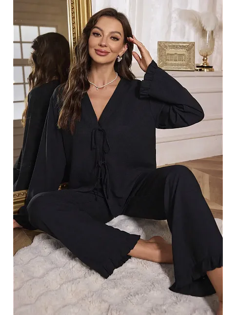 Kadın Siyah Önden Bağlamalı Kolu Ve Paçası Fırfır Detaylı Uzun Kollu Pijama Takımı