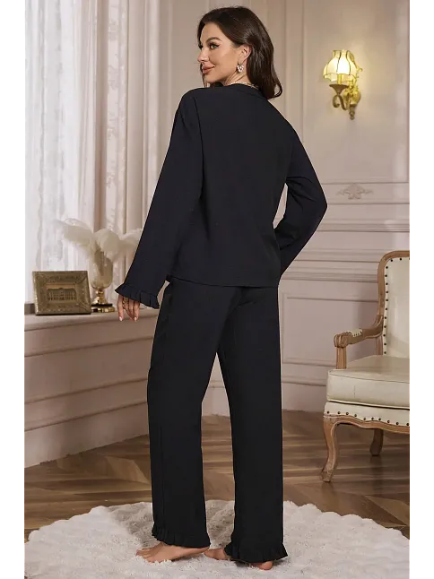 Kadın Siyah Önden Bağlamalı Kolu Ve Paçası Fırfır Detaylı Uzun Kollu Pijama Takımı