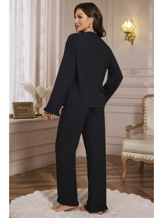 Kadın Siyah Önden Bağlamalı Kolu Ve Paçası Fırfır Detaylı Uzun Kollu Pijama Takımı