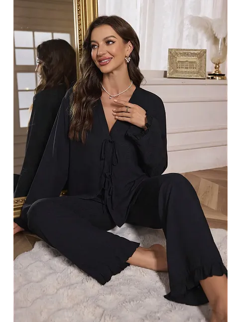 Kadın Siyah Önden Bağlamalı Kolu Ve Paçası Fırfır Detaylı Uzun Kollu Pijama Takımı