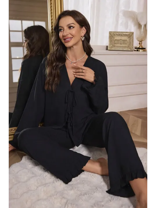 Kadın Siyah Önden Bağlamalı Kolu Ve Paçası Fırfır Detaylı Uzun Kollu Pijama Takımı