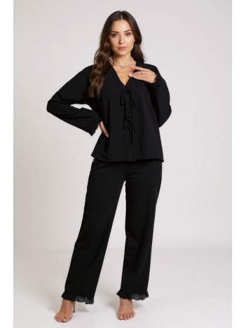 Kadın Siyah Önden Bağlamalı Kolu Ve Paçası Fırfır Detaylı Uzun Kollu Pijama Takımı