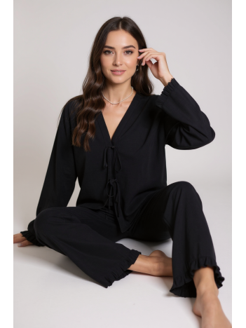 Kadın Siyah Önden Bağlamalı Kolu Ve Paçası Fırfır Detaylı Uzun Kollu Pijama Takımı