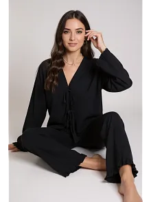 Kadın Siyah Önden Bağlamalı Kolu Ve Paçası Fırfır Detaylı Uzun Kollu Pijama Takımı