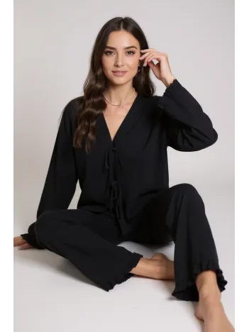 Kadın Siyah Önden Bağlamalı Kolu Ve Paçası Fırfır Detaylı Uzun Kollu Pijama Takımı