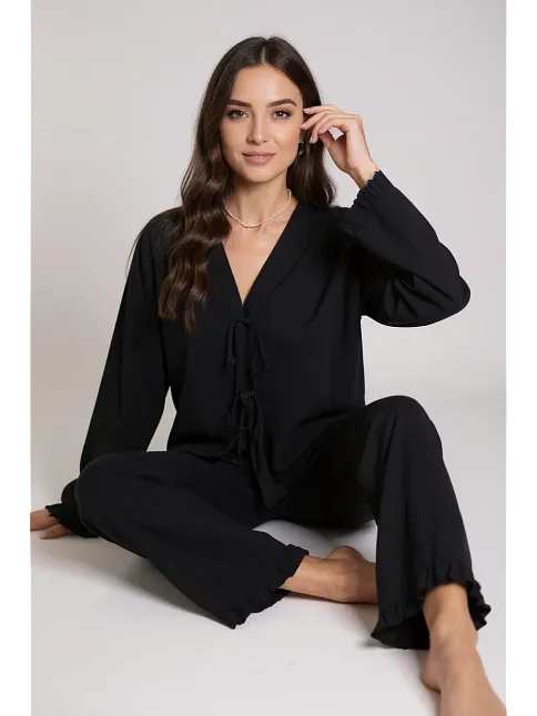 Kadın Siyah Önden Bağlamalı Kolu Ve Paçası Fırfır Detaylı Uzun Kollu Pijama Takımı