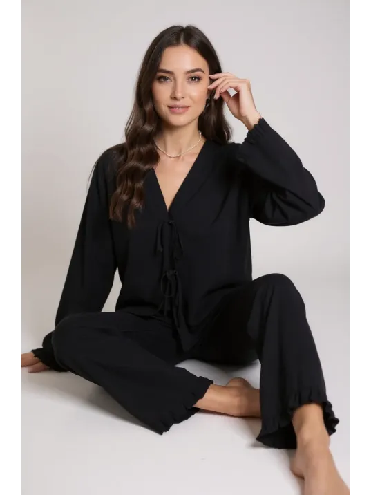 Kadın Siyah Önden Bağlamalı Kolu Ve Paçası Fırfır Detaylı Uzun Kollu Pijama Takımı