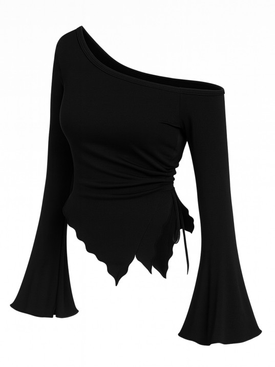 Kadın Siyah Uzun İspanyol Kollu Asimetirik Yaka Yandan Bağlamalı Drapeli Bluz