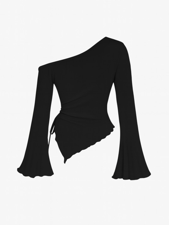 Kadın Siyah Uzun İspanyol Kollu Asimetirik Yaka Yandan Bağlamalı Drapeli Bluz
