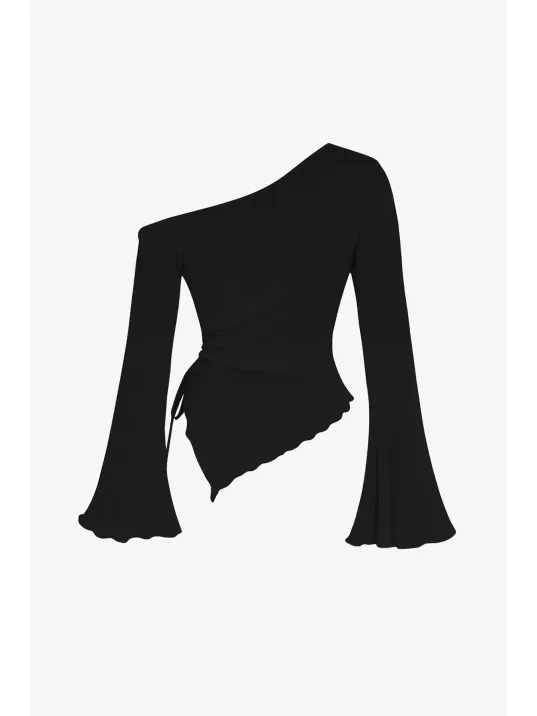 Kadın Siyah Uzun İspanyol Kollu Asimetirik Yaka Yandan Bağlamalı Drapeli Bluz