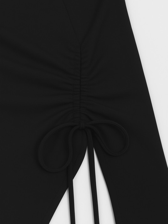 Kadın Siyah Uzun İspanyol Kollu Asimetirik Yaka Yandan Bağlamalı Drapeli Bluz