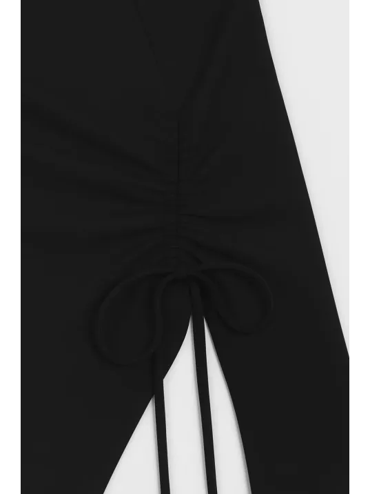 Kadın Siyah Uzun İspanyol Kollu Asimetirik Yaka Yandan Bağlamalı Drapeli Bluz