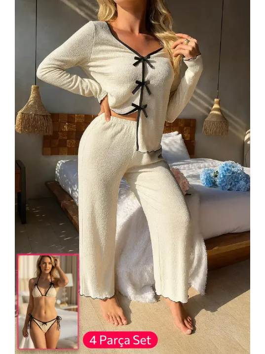 Kadın Beyaz Fiyonklu İç Çamaşırı Ve Uzun Kollu V Yaka Pijama Takımı 4'lü Set