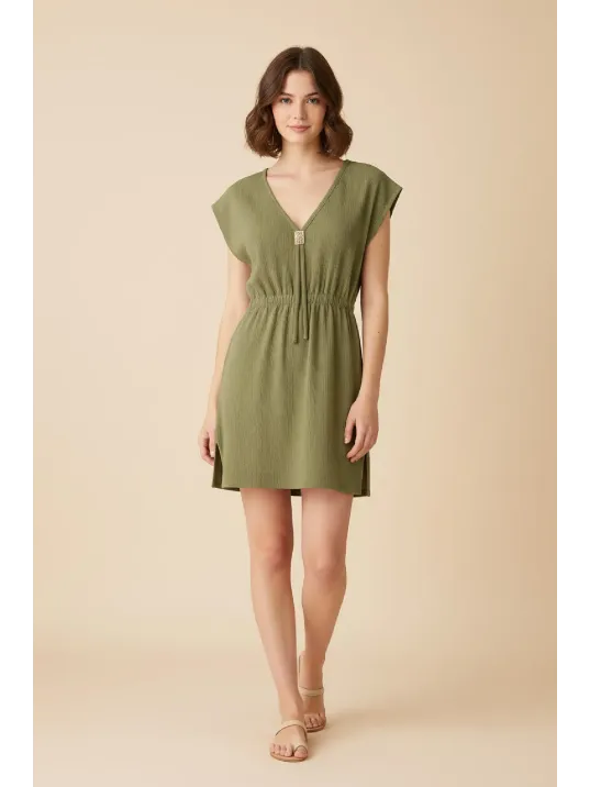 Kadın Haki Yanları Yırtmaçlı Tokalı V Yaka Mini Plaj Elbisesi