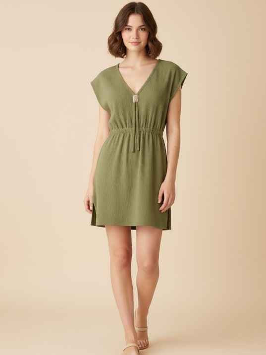 Kadın Haki Yanları Yırtmaçlı Tokalı V Yaka Mini Plaj Elbisesi