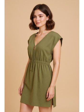 Kadın Haki Yanları Yırtmaçlı Tokalı V Yaka Mini Plaj Elbisesi Kadın Haki Yanları Yırtmaçlı Tokalı V Yaka Mini Plaj Elbisesi