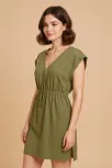 Kadın Haki Yanları Yırtmaçlı Tokalı V Yaka Mini Plaj Elbisesi