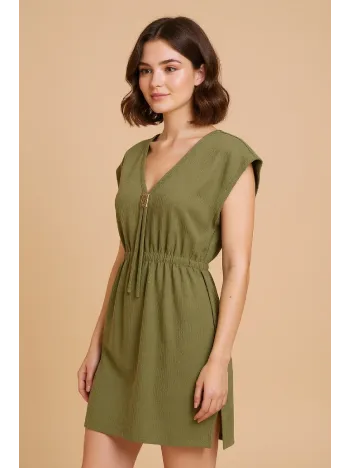 Kadın Haki Yanları Yırtmaçlı Tokalı V Yaka Mini Plaj Elbisesi