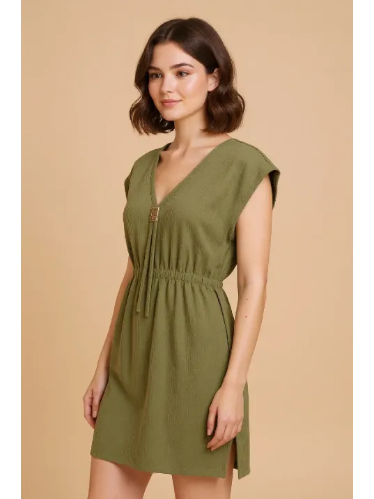 Kadın Haki Yanları Yırtmaçlı Tokalı V Yaka Mini Plaj Elbisesi
