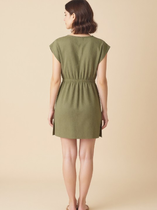 Kadın Haki Yanları Yırtmaçlı Tokalı V Yaka Mini Plaj Elbisesi