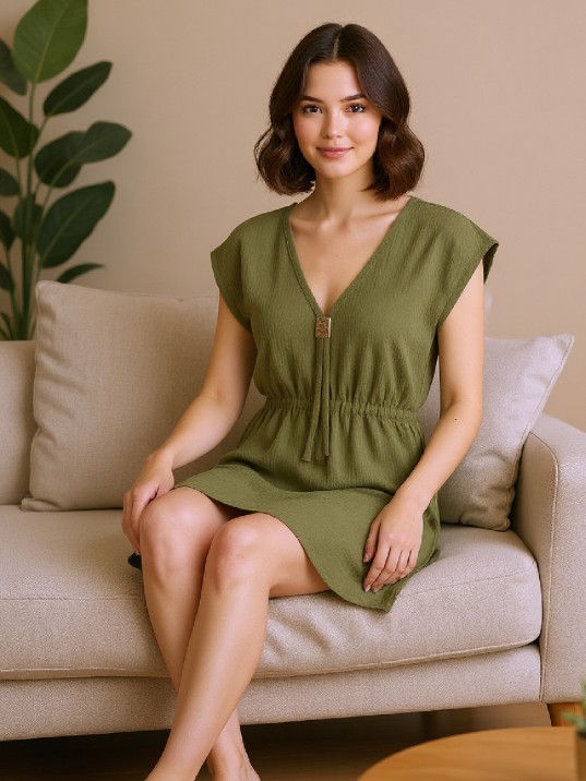 Kadın Haki Yanları Yırtmaçlı Tokalı V Yaka Mini Plaj Elbisesi