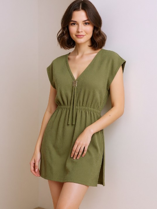 Kadın Haki Yanları Yırtmaçlı Tokalı V Yaka Mini Plaj Elbisesi